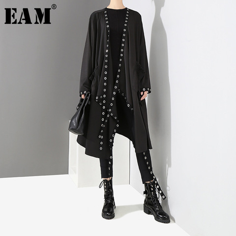 [EAM] Loose Fit Black Hollow Out Ribbon Pleated Big Size Jacket New V-collar Long Sleeve Women Coat Fashion Spring 2022 1D756 ► Photo 1/6