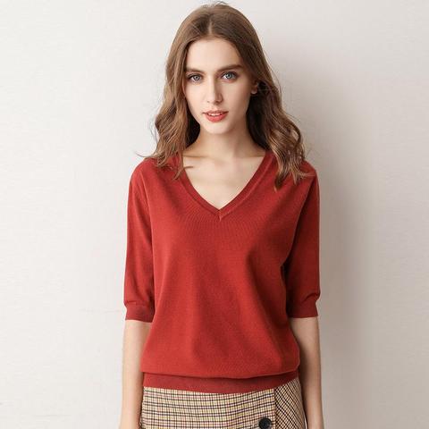 Spring/Summer 2022 Ladies Sweater Pullover Solid Color V-neck Half-sleeved Knitted Cashmere Sweater Thin Casual Top ► Photo 1/6