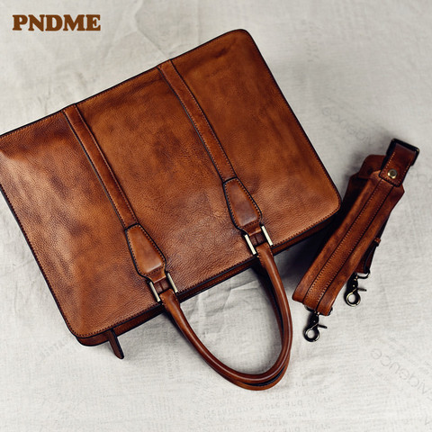 PNDME vintage high quality genuine leather men's briefcase business laptop handbag luxury cowhide office shoulder messenger bags ► Photo 1/6