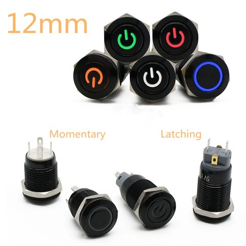 12mm Alumina Black Flat High Head Waterproof Metal Push Button Switch LED Light Momentary Latching Car Engine PC Power Switch 5V ► Photo 1/1