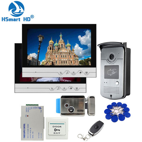 9 inch Wired Video Door Phone Intercom Entry System 2 Monitor + 1 RFID Access IR 700TVL Camera + Electric Control Door Lock ► Photo 1/6