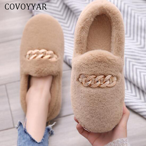 COVOYYAR 2022 Winter Fluffy Women Shoes Fashion Chain Warm Fur Flat Shoes Woman Indoor Slippers Causal Home Lady Shoes WFS4000 ► Photo 1/6