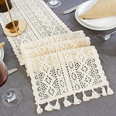 Beige Crochet Lace Table Runner with Tassel Cotton Wedding Decor Hollow Tablecloth Nordic Romance Table Cover Coffee Bed Runners ► Photo 1/6