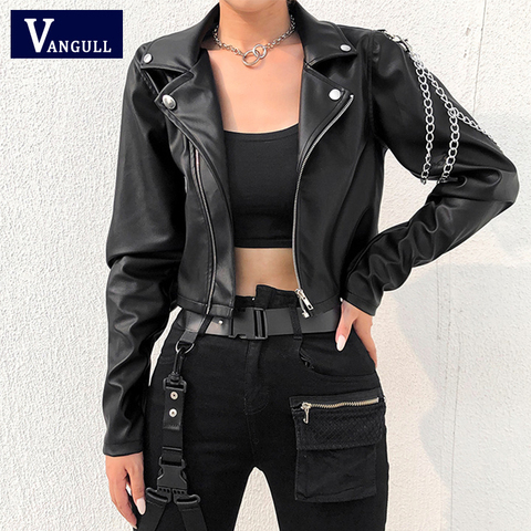 Vangull Faux Leather Cropped Jacket Women Punk Harajuku Black Coat Woman Gothic Long Sleeve Overcoat With Chains 2022 Spring ► Photo 1/6