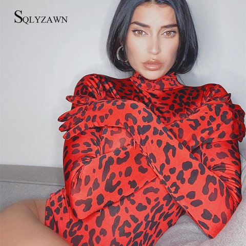 Sexy Leopard Print Turtleneck Bodysuits Women Long Sleeve With Gloves Rave Club Bodies Slim Bodycon Bodysuit Autumn Outfits Tops ► Photo 1/6