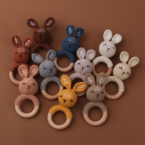 1pc Wooden Crochet Bunny Rattle Toy BPA Free Wood Ring Baby Teether Rodent Baby Gym Mobile Rattles Newborn Educational Toys ► Photo 1/6