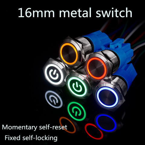 Latching Metal push button switch with switch socket 16mm flat head self-reset Momentary Push Button waterproof LED metal switch ► Photo 1/6
