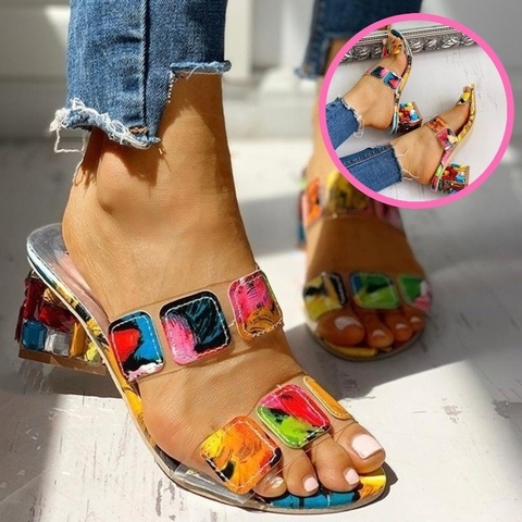 Sandals Women Square Heels Summer Sandals Peep Toe Ladies Multi Colors Wedge Shoes Sandalias de Verano Para Mujer ► Photo 1/6