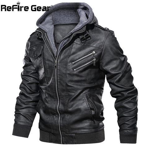 ReFire Gear PU Leather Pilot Jackets Men Winter Thick Warm Tactical Bomber Jacket Casual Soft Motorcycle Removable Hoodie Coats ► Photo 1/6