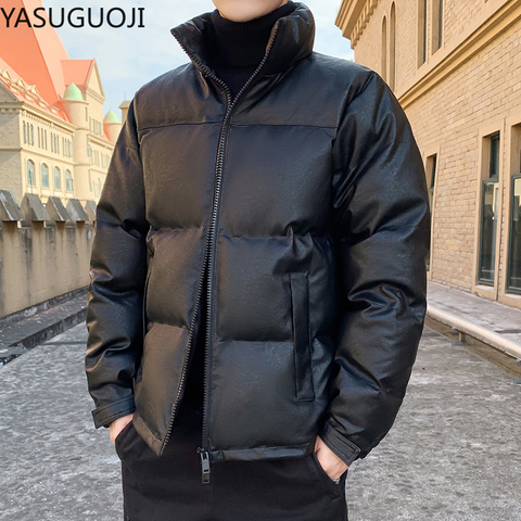 YASUGUOJI Fashion Stand Collar Men`s Pu Leather Cotton Padded Jacket Slim Fit Winter Coat Men Parka Thicken Puffer Jacket Men ► Photo 1/6