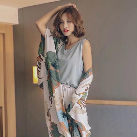 Autumn Ladies Pajama Set Cotton Satin 4Pcs Set Cardigan+Vest+Pants+Shorts Floral Printed Elegant Femme Tender Sleepwear Homewear ► Photo 1/5