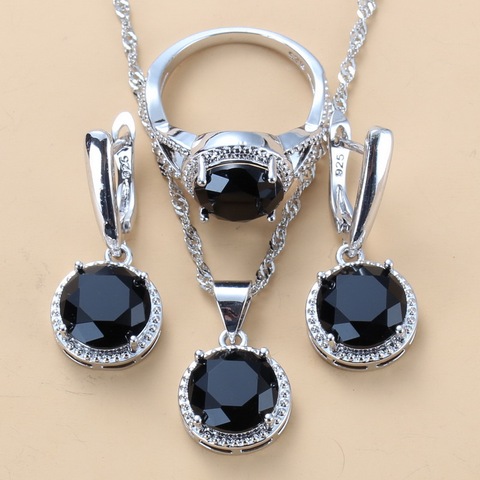 2022 New 925 Silver Wedding Jewelry Sets Black Zircon Dangle Earrings and Necklace Ring 3 piece Set women Trendy Costume ► Photo 1/6