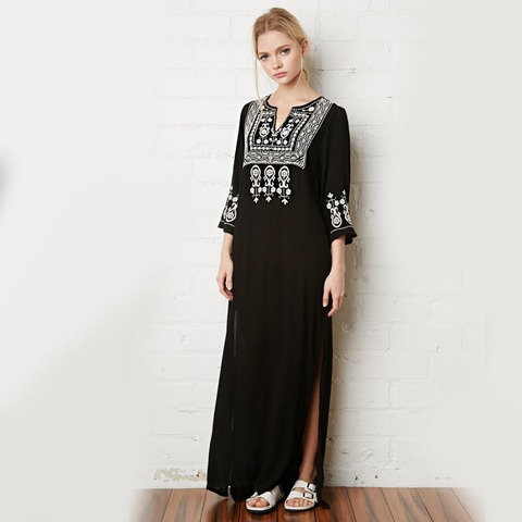 Khale Yose Floral Embroidery Dress V-Neck Black Vintage Maxi Dresses Cotton Holiday Boho Ethnic Chic Split Beach Women Clothing ► Photo 1/6