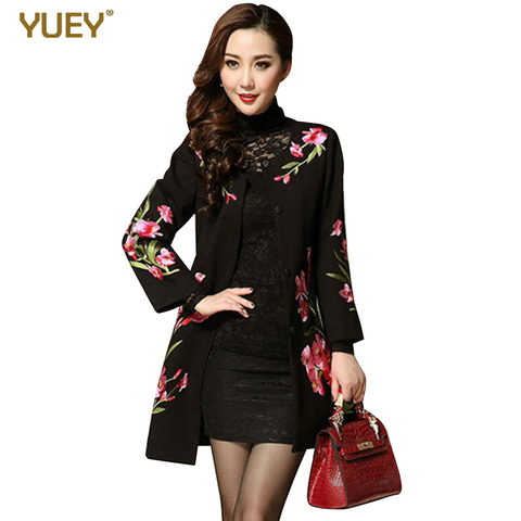 Autumn winter new female jacquard woolen coat womens black national wind silm floral printing embroidery long coat M to 4XL ► Photo 1/6