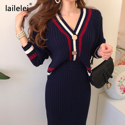 Chic bump color stripe edge v-neck knitting cardigan skirts two-piece outfit ► Photo 1/6