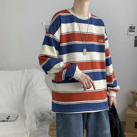 Japanese Kpop Funny Striped t-shirt Oversized Round Neck Creative Long Sleeves Clothes Harajuku Contrast Color casual Streetwear ► Photo 1/6