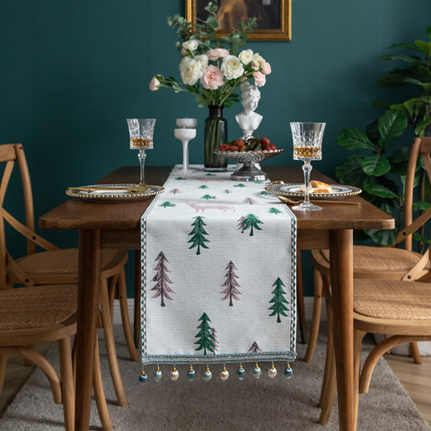 Christmas Table Runner Chenille Tassel Table Cloth Table Runner Christmas Tree Embroidery Exquisite Home Decoration ► Photo 1/6