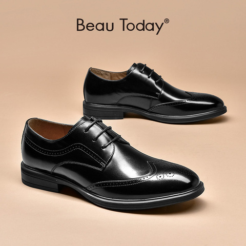 BeauTodya Brogue Shoes Men Calfskin Leather Business Wedding Flats Wingtip Round Toe Lace-Up Male Derby Shoes Handmade 51049 ► Photo 1/6