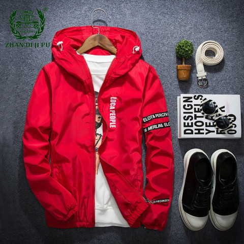 Thin Windbreaker Jacket Men Autumn Slim Fit Young Men Hooded Bomber Jackets Male Letter Printed Big Size M-4XL Jaqueta Masculina ► Photo 1/6