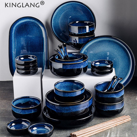 KINGLANG Kiln Glazed Ceramic Dinnerset  Japanese Style Star Blue Color Rice  Ramen Soup Bowl Dinner Plates Set ► Photo 1/5