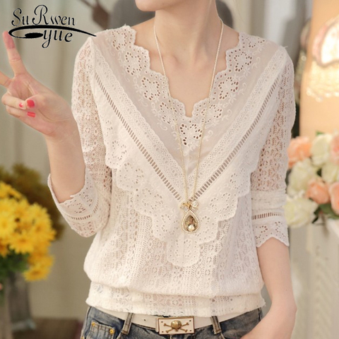 2022 New Arrival Hot Sale Spring and  Autumn Korean Fashion Women Blouse V Neck Long Sleeve Slim  Lace Female Shirt  63C 30 ► Photo 1/6