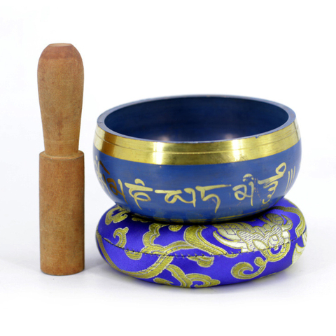 Silent Mind   Tibetan Singing Bowl Set   Blue Color Design   With Dual Surface Mallet and Silk Cushion   Promotes Peace ► Photo 1/6