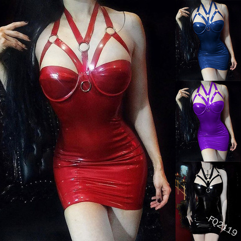 5XL Large Size Sexy Gothic Corset Choker Mini Dress Leather Skinny Bodycon Halter Neck Short Dress Punk Club For Women Ladies ► Photo 1/6