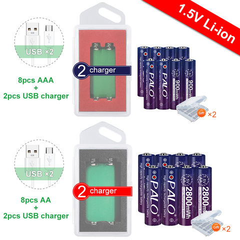 PALO AAA 900mWh 1.5V AA 2800mWh li-ion aaa/aa Rechargeable Battery battery +2Pcs Battery Case for AA AAA charger and Batteries ► Photo 1/6