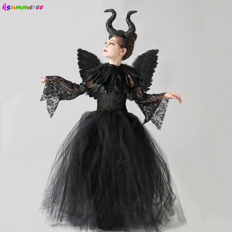 Girls Halloween Evil Witch Black Gown Tutu Dress with Feather Shawl Kids Dark Queen Villain Cosplay Costume Maleficent Dress ► Photo 1/6
