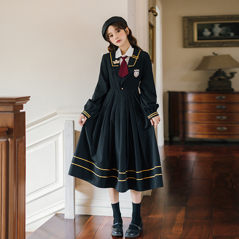 Vintage Sweet Autumn Women Pleated Dress JK Student Uniform Preppy style Retro embroidery female dresses 2022 HOT high waist ► Photo 1/6