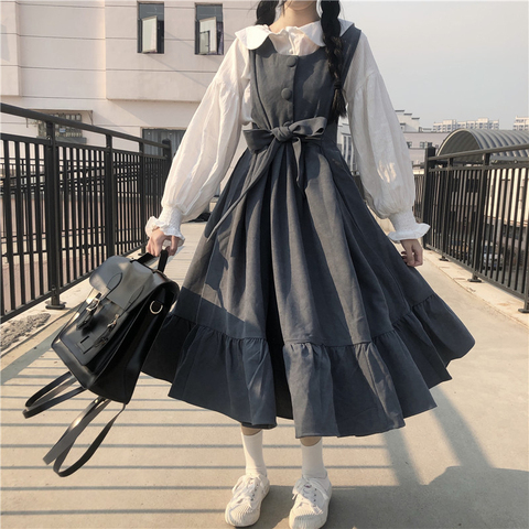 Japanese  college style sweet high waist straps ruffled strap dress shirt gothic lolita dress women kawaii clothing loli jsk ► Photo 1/6