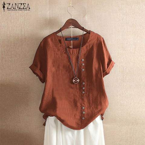 ZANZEA Summer O Neck Short Sleeve Blouse Women Cotton Linen Shirt Casual Loose Buttons Tops Femininas Blusas Work Top Chemise ► Photo 1/6