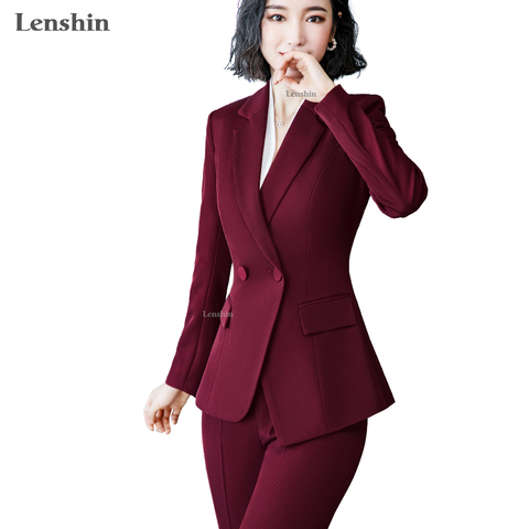 Wine Red Pant Suits Women 2 Pieces Set Business Office Lady Blazer