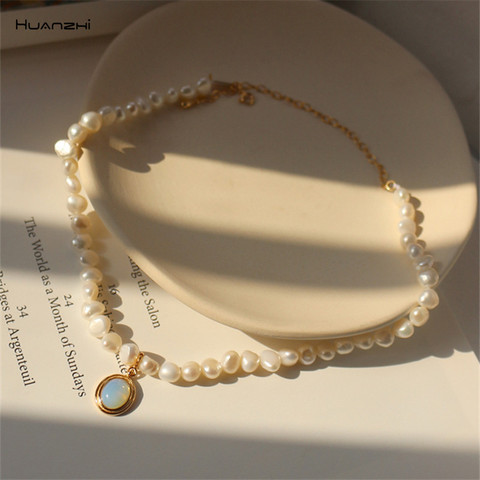 HUANZHI 2022 New Baroque Freshwater Natural Pearl Moonstone Pendant Necklace Geometric Irregular for Women Girls Party Jewelry ► Photo 1/6