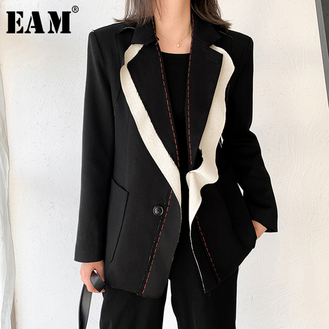 [EAM]  Women Black Contrast Color Burr Blazer New Lapel Long Sleeve Loose Fit  Jacket Fashion Tide Spring Autumn 2022 1W519 ► Photo 1/6