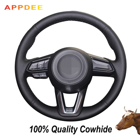 Hand-stitched Black Genuine  Leather Steering Wheel Cover for Mazda 3 CX-5 2017 Mazda CX-9 2016 2017 ► Photo 1/6