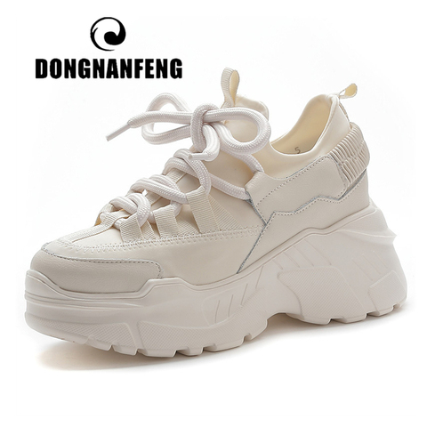 DONGNANFENG Women's Female Ladies Students Genuine Leather Lycab White Shoes Sneakers Platform Lace Up Increased Insole ► Photo 1/5
