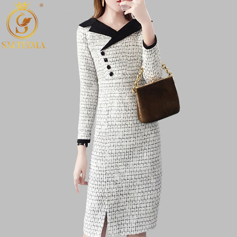 SMTHMA 2022 New Autumn And Winter Tweed Dress Women Vintage Wool Dresses Women Elegant V Neck Long Sleeve Woolen Vestidos ► Photo 1/6