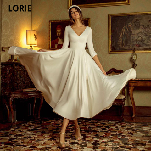 LORIE Simple White Tea-length Wedding Dresses with Half Sleeve Soft Satin Beach Boho Bridal Gown Princess Party Dress Cheap 2022 ► Photo 1/6