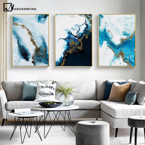 Blue Golden Modern Style Abstract Wall Poster Nordic Canvas Print Painting Contemporary Art Decoration Picture Living Room Decor ► Photo 1/6