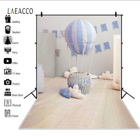 Laeacco Hot Air Balloon Plush Toy Clouds Wooden Floor Photo Backdrops Birthday Photography Backgrounds Baby Portrait Photophone ► Photo 1/6