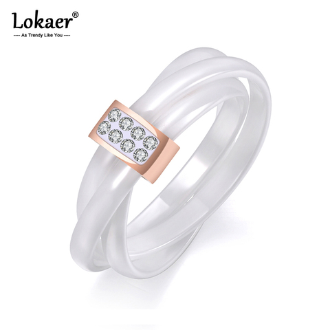 Lokaer 3 Layers Black/White Ceramic Crystal Wedding Rings Jewelry Rose/White Gold Stainless Steel Rhinestone Engagement R19066 ► Photo 1/6