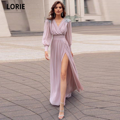 LORIE Princess Evening Dresses Chiffon Beading Prom Party Gown Plus Size 2022 Long Sleeve V-neck Formal Evening Gown with Split ► Photo 1/4