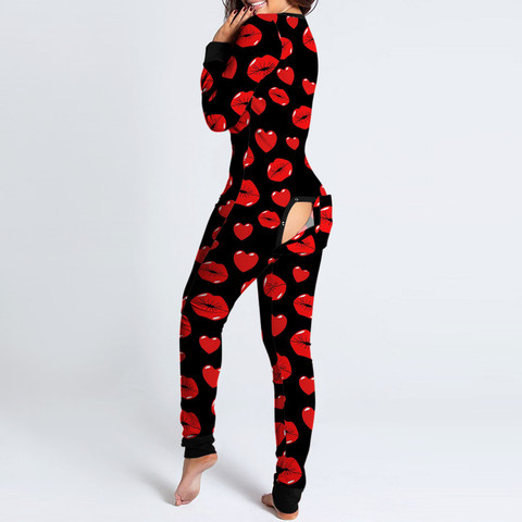 Valentines Day Women Onesie Pajamas Buttoned Butt Flap Jumpsuit Sleepwear Mouth Lips Heart-shaped Printed Adults Onesies Pyjama ► Photo 1/6