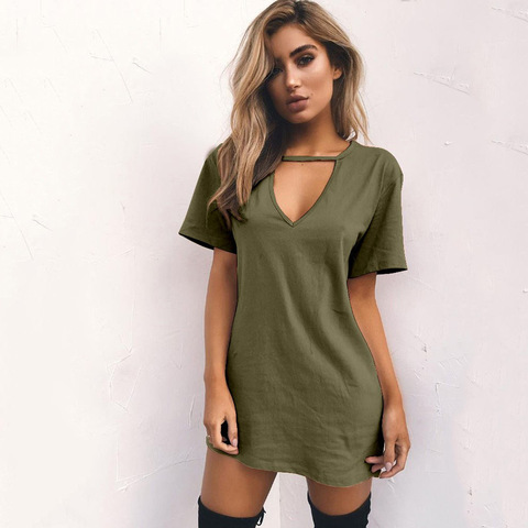 Women Fashion V-neck Solid hollow Elegant Straigth Green Dress Spring Loose Mini Dresses Short Sleeve comfortable Plus Size ► Photo 1/6