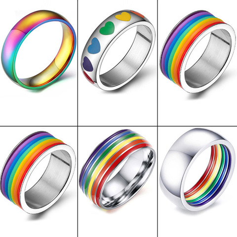 Men Women Rainbow Colorful Ring Round Engagement Wedding Stainless Steel Rings Trendy Band Lesbian & Gay Couple Rings Jewelry ► Photo 1/6