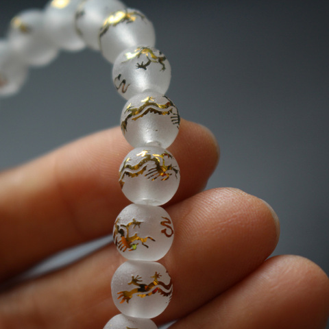 10Piece/lot 8mm Matt Glass beads White  Color with carving Gold dragon  Fashion Beads For jewelry making ► Photo 1/6