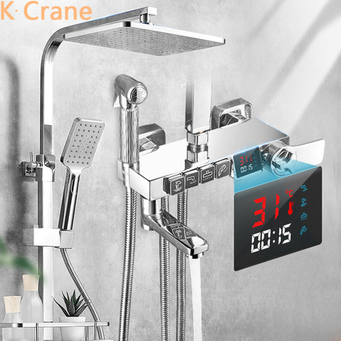 Thermostatic Shower System Bathroom Wall Mounted LED Digital Showers Set Hot Cold Water Mixer Bath Faucet Square Head Rainfall ► Photo 1/6
