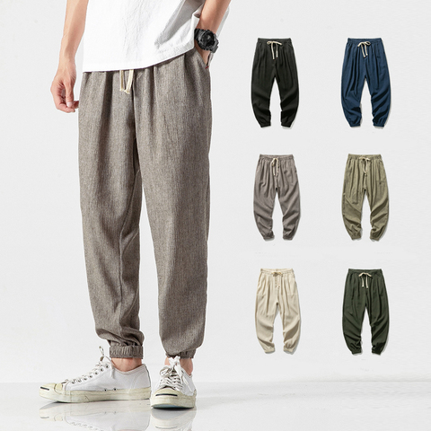 Chinese Style Harem Jogger Pants Men Cotton Linen Sweatpants