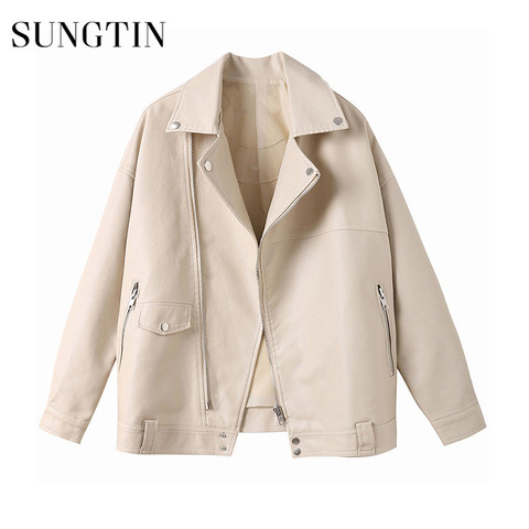 Sungtin Autumn New Beige Faux Leather Jacket Women Casual Oversized Motorcycle Biker Leather Coat Female Soft PU Loose Outerwear ► Photo 1/6